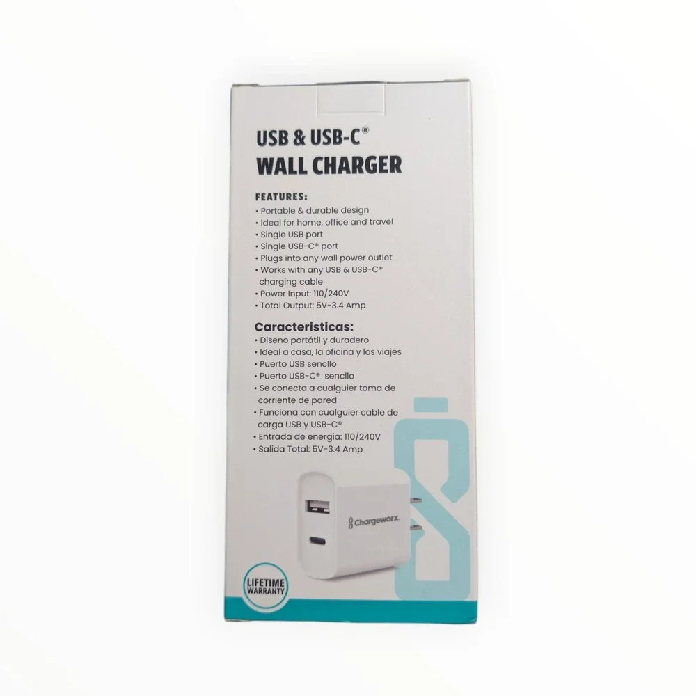 D6-N Chargeworx - USB & USB-C Rapid Wall Charger - White‎ 17w